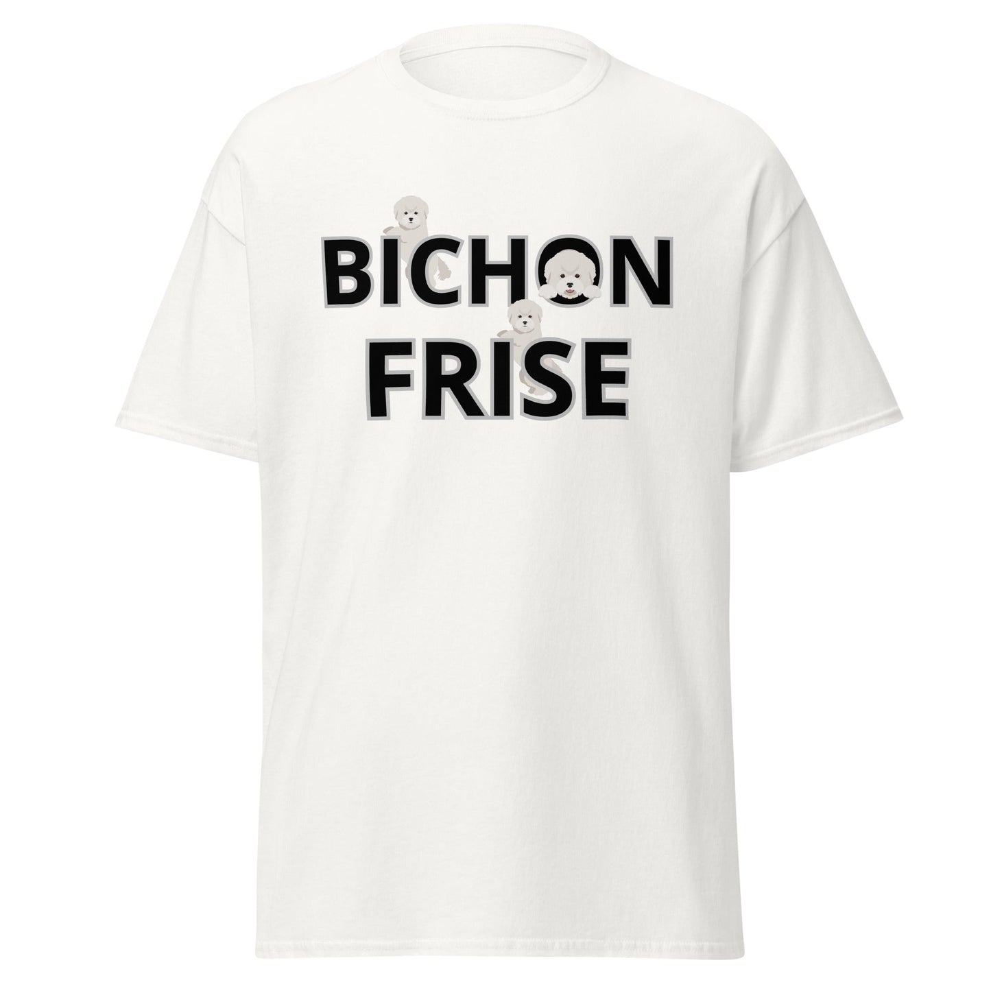 "Unisex Bichon Frise T-shirt with happy dog illustration and playful text – unique gift for Bichon Frise lovers and dog enthusiasts"