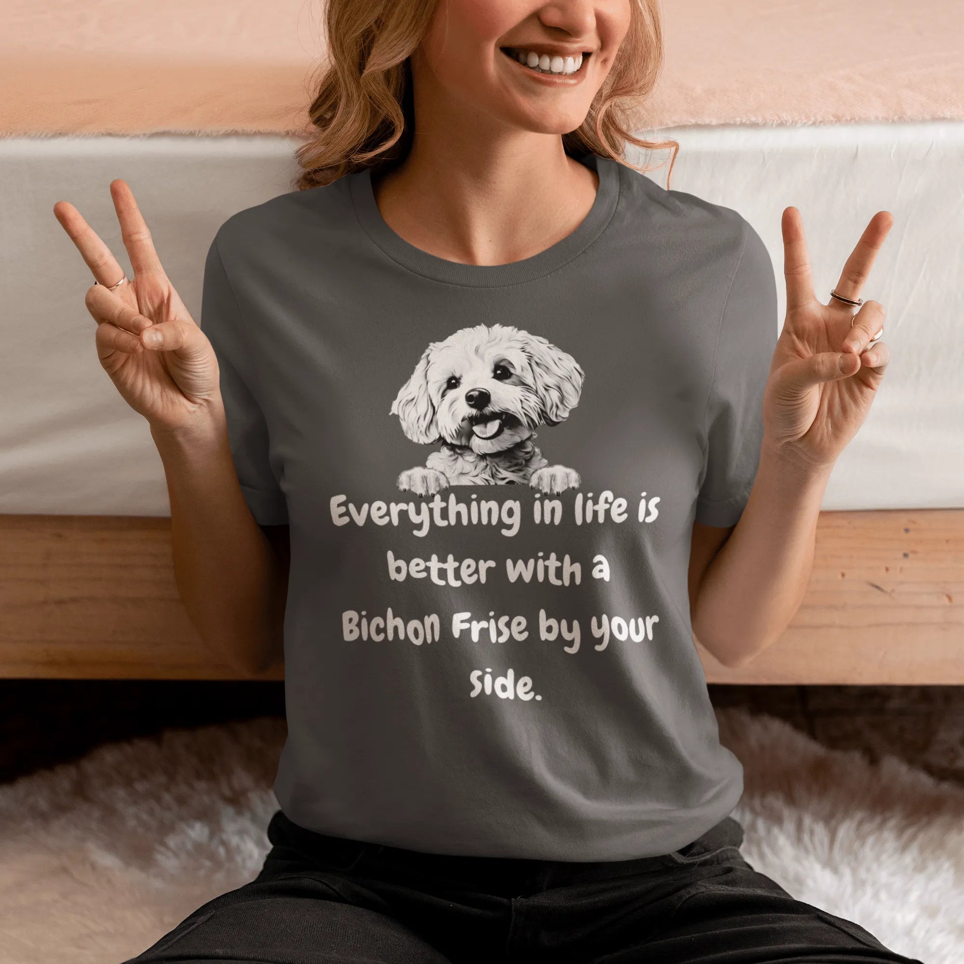 "White unisex t-shirt with funny 'Everything in life is better with a Bichon Frise by your side' quote and cute Bichon Frise dog illustration – perfect gift for Bichon lovers and dog owners."