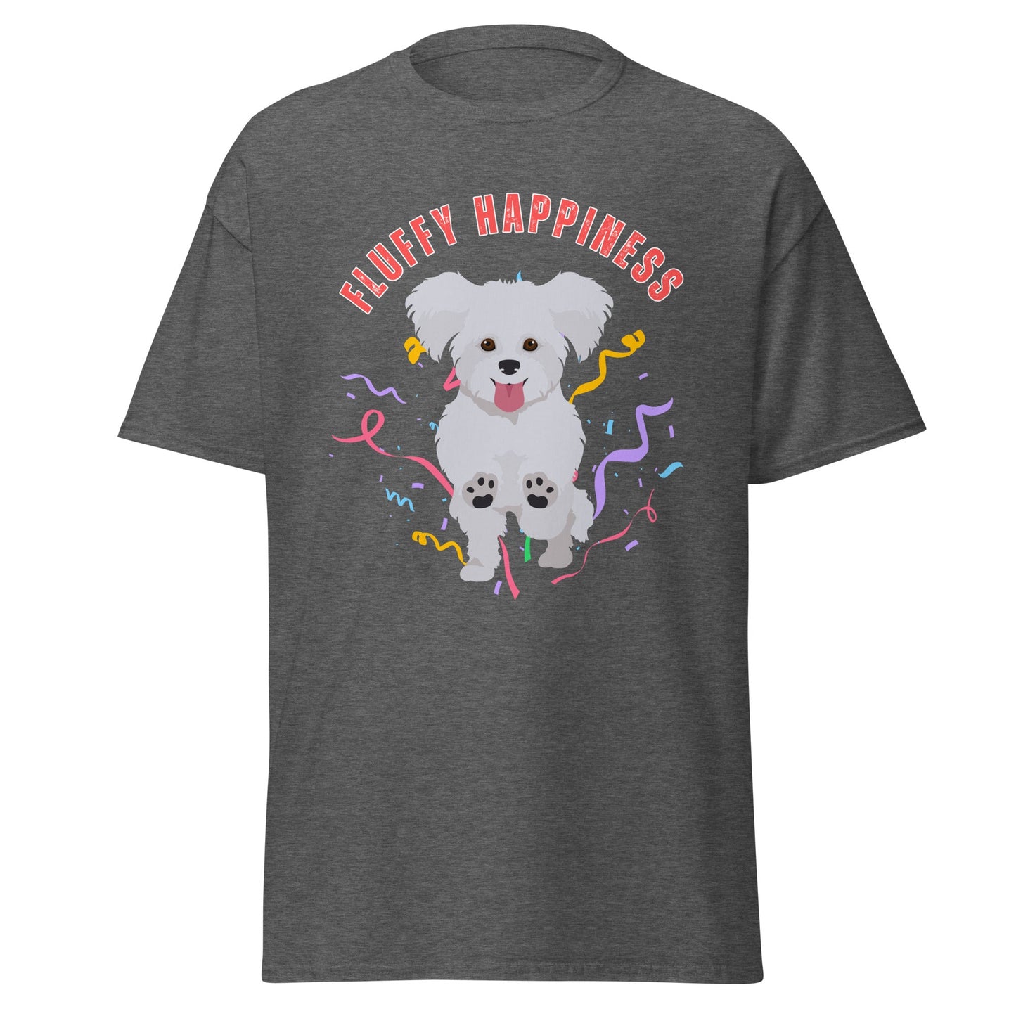 "Colorful 'Fluffy Happiness' Bichon Frise graphic t-shirt – unisex white tee with cheerful white text and a cute, original Bichon dog illustration, perfect for dog lovers and Bichon Frise owners."