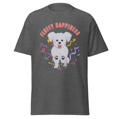 "Colorful 'Fluffy Happiness' Bichon Frise graphic t-shirt – unisex white tee with cheerful white text and a cute, original Bichon dog illustration, perfect for dog lovers and Bichon Frise owners."