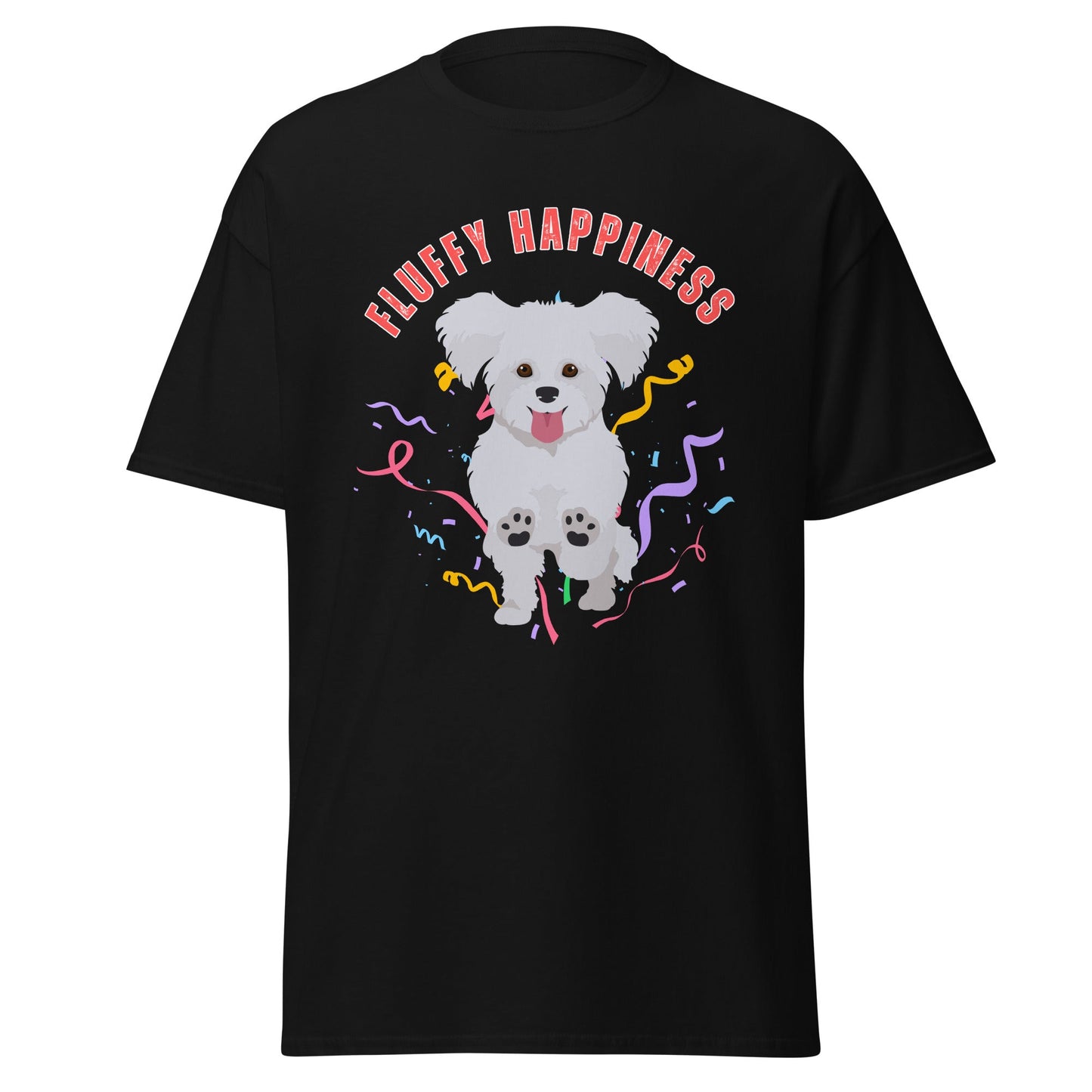 "Colorful 'Fluffy Happiness' Bichon Frise graphic t-shirt – unisex white tee with cheerful white text and a cute, original Bichon dog illustration, perfect for dog lovers and Bichon Frise owners."