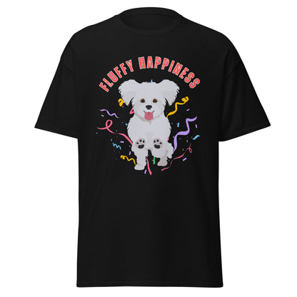 "Colorful 'Fluffy Happiness' Bichon Frise graphic t-shirt – unisex white tee with cheerful white text and a cute, original Bichon dog illustration, perfect for dog lovers and Bichon Frise owners."