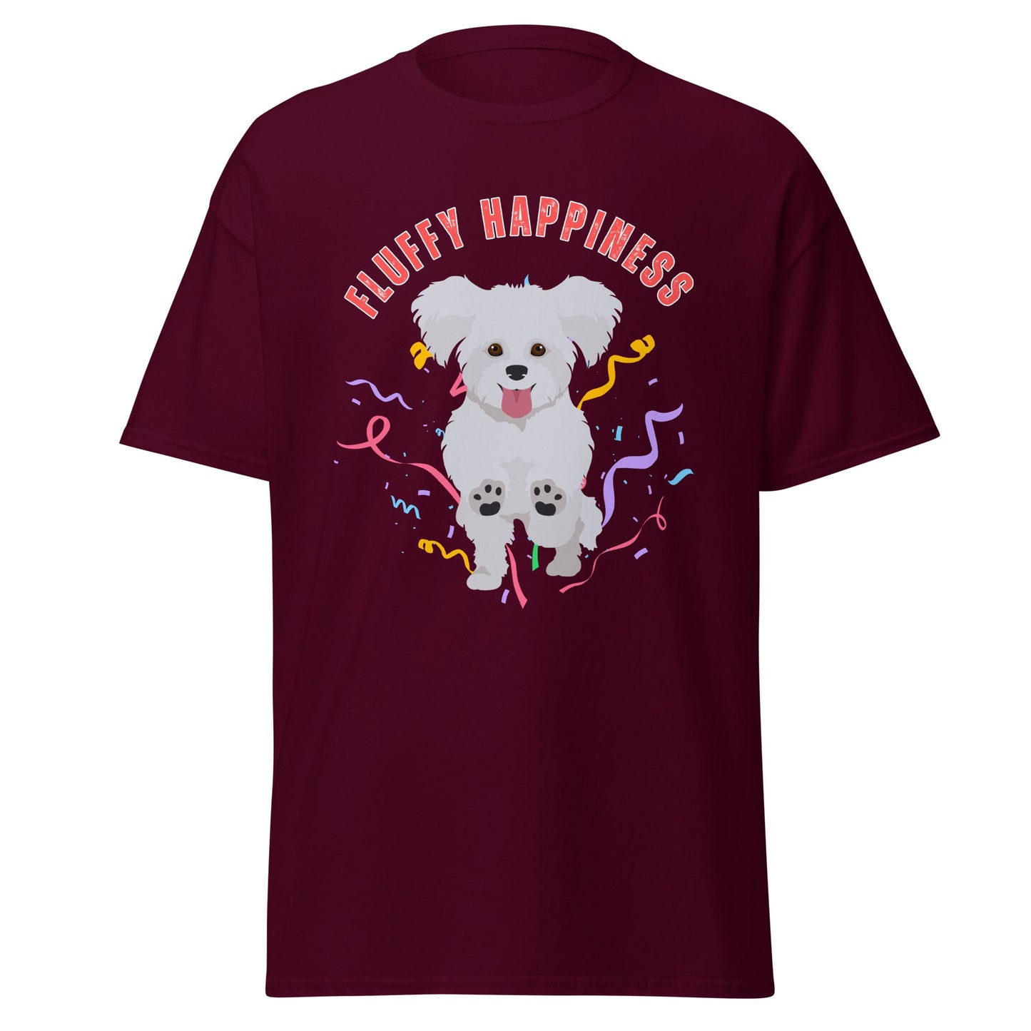 "Colorful 'Fluffy Happiness' Bichon Frise graphic t-shirt – unisex white tee with cheerful white text and a cute, original Bichon dog illustration, perfect for dog lovers and Bichon Frise owners."