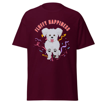 "Colorful 'Fluffy Happiness' Bichon Frise graphic t-shirt – unisex white tee with cheerful white text and a cute, original Bichon dog illustration, perfect for dog lovers and Bichon Frise owners."