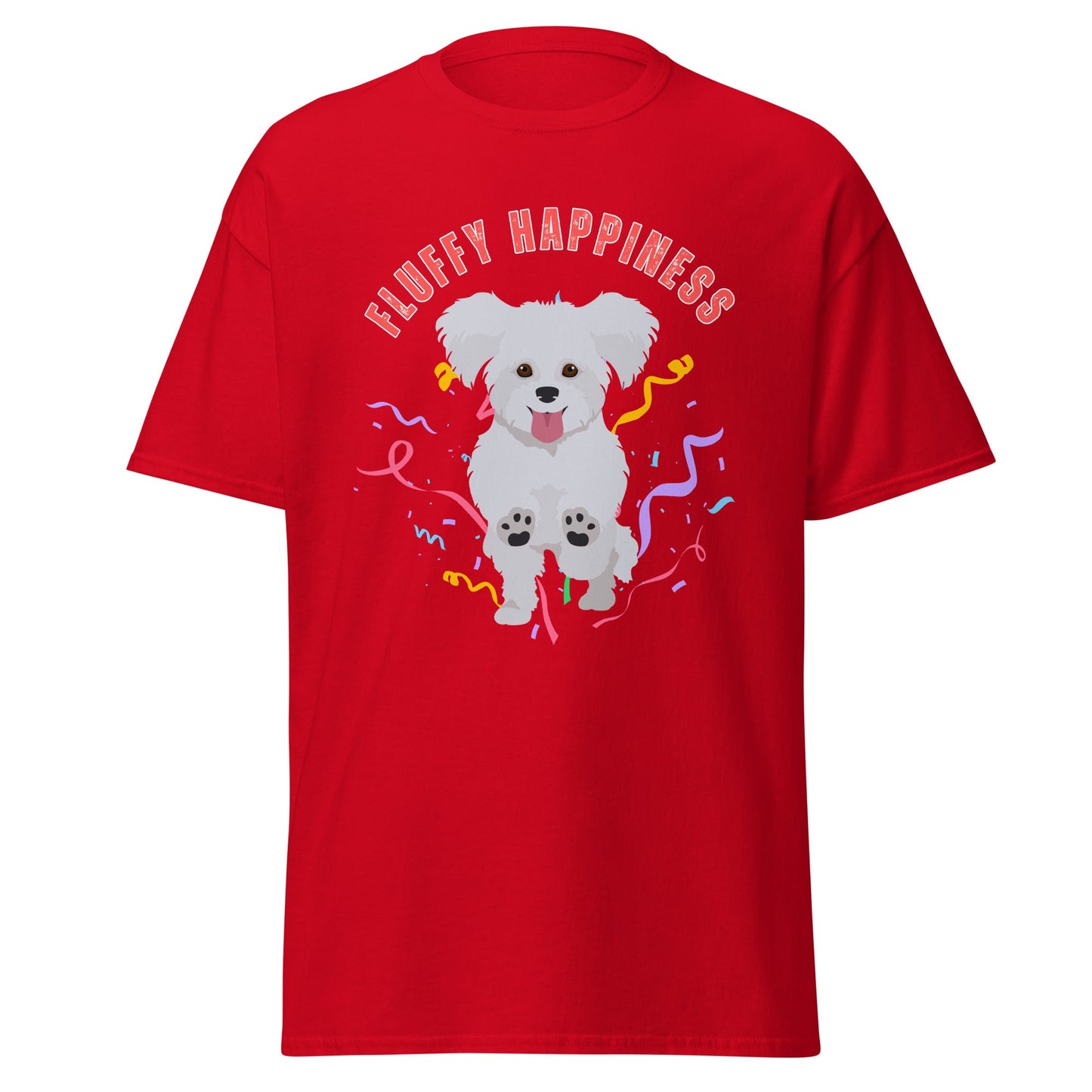 "Colorful 'Fluffy Happiness' Bichon Frise graphic t-shirt – unisex white tee with cheerful white text and a cute, original Bichon dog illustration, perfect for dog lovers and Bichon Frise owners."