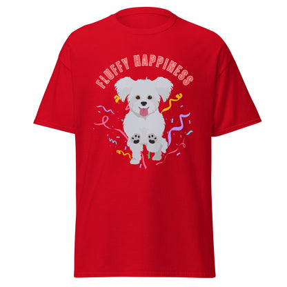 "Colorful 'Fluffy Happiness' Bichon Frise graphic t-shirt – unisex white tee with cheerful white text and a cute, original Bichon dog illustration, perfect for dog lovers and Bichon Frise owners."