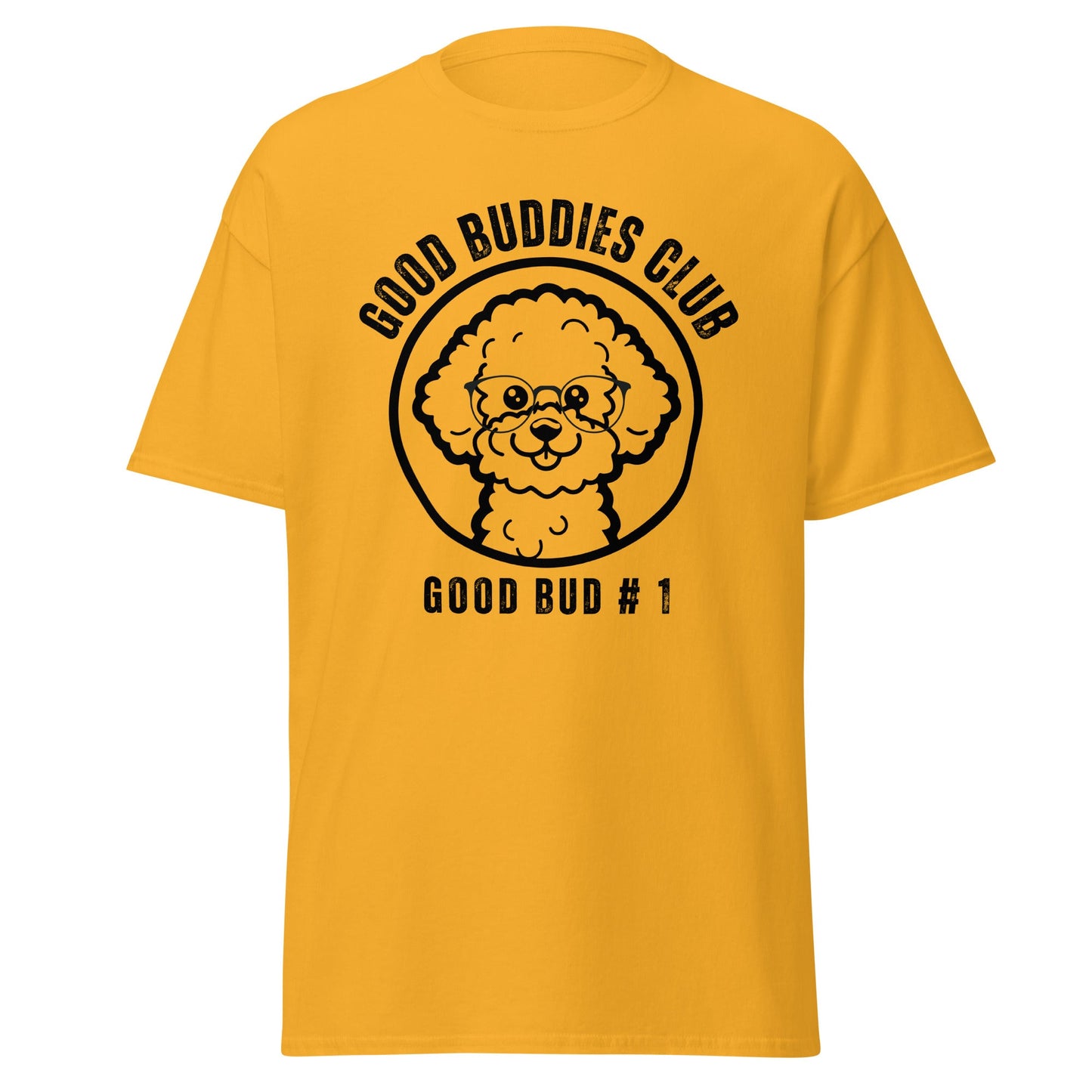 "Good Buddies Club unisex black T-shirt featuring a cheerful, happy Bichon Frise dog illustration wearing glasses, perfect for dog owners and dog lovers. Fun and unique dog-themed shirt design, ideal not only for Bichon Frise fans but all dog enthusiasts."