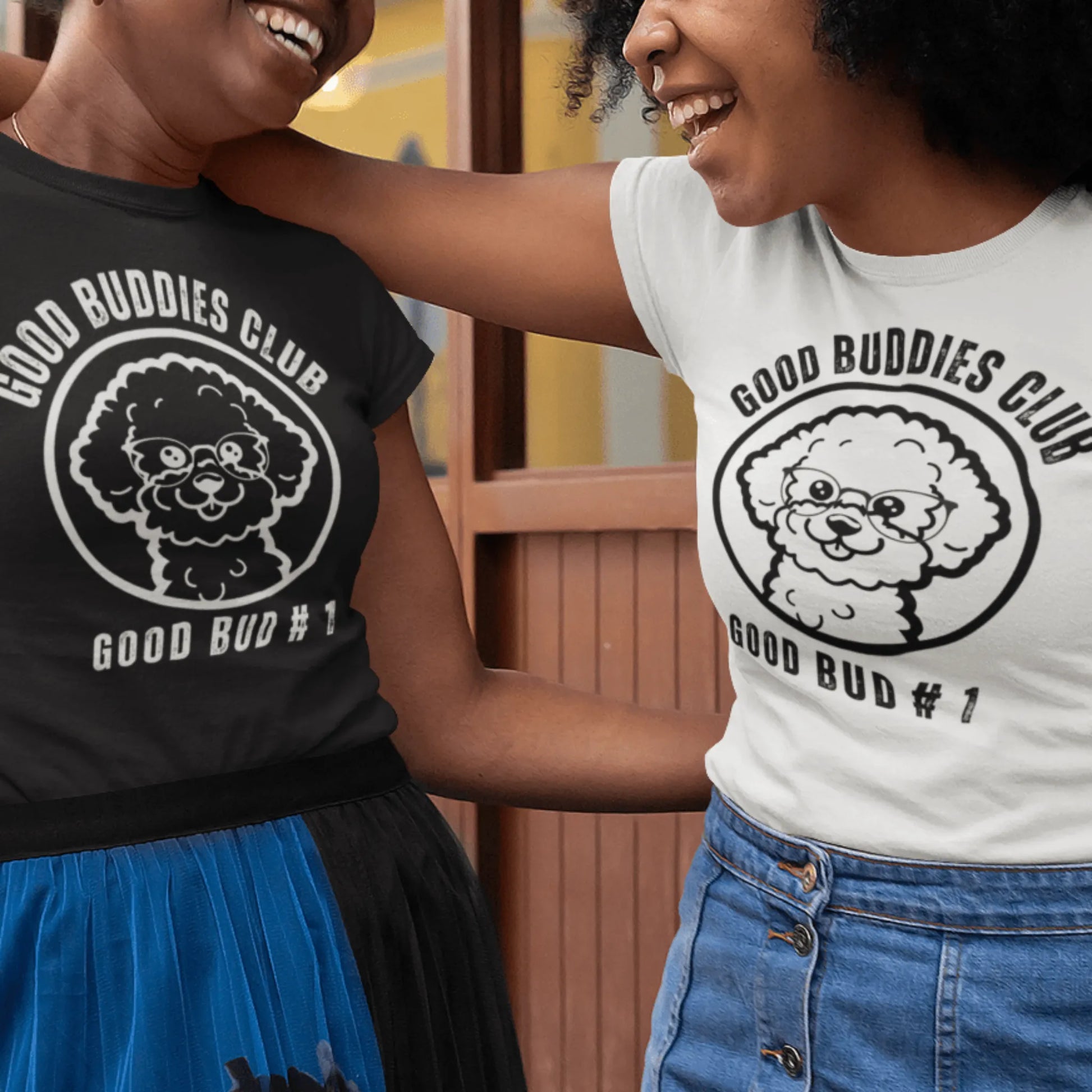 “Good Buddies Club unisex T-shirt featuring a cheerful, smiling Bichon Frise dog wearing glasses illustration with white design. Fun and happy dog-themed shirt for men and women, perfect for dog owners and dog lovers beyond just Bichon Frise fans.”