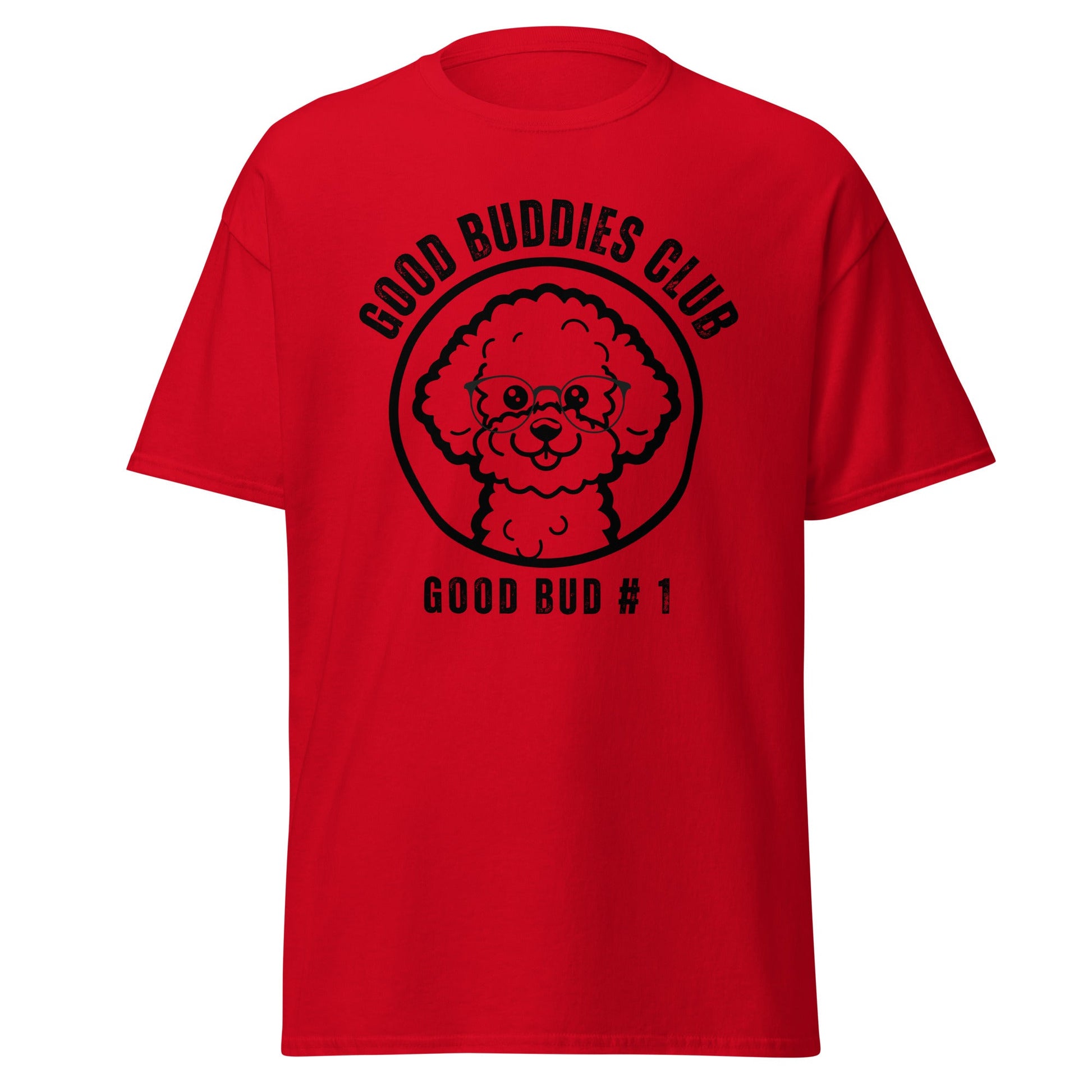 "Good Buddies Club unisex black T-shirt featuring a cheerful, happy Bichon Frise dog illustration wearing glasses, perfect for dog owners and dog lovers. Fun and unique dog-themed shirt design, ideal not only for Bichon Frise fans but all dog enthusiasts."