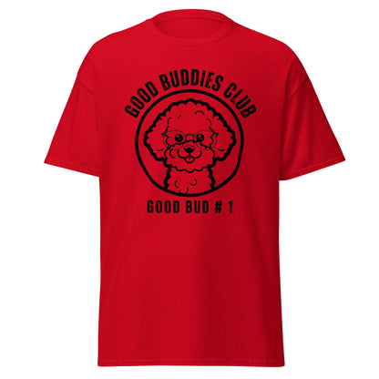"Good Buddies Club unisex black T-shirt featuring a cheerful, happy Bichon Frise dog illustration wearing glasses, perfect for dog owners and dog lovers. Fun and unique dog-themed shirt design, ideal not only for Bichon Frise fans but all dog enthusiasts."