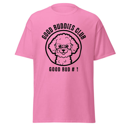 "Good Buddies Club unisex black T-shirt featuring a cheerful, happy Bichon Frise dog illustration wearing glasses, perfect for dog owners and dog lovers. Fun and unique dog-themed shirt design, ideal not only for Bichon Frise fans but all dog enthusiasts."