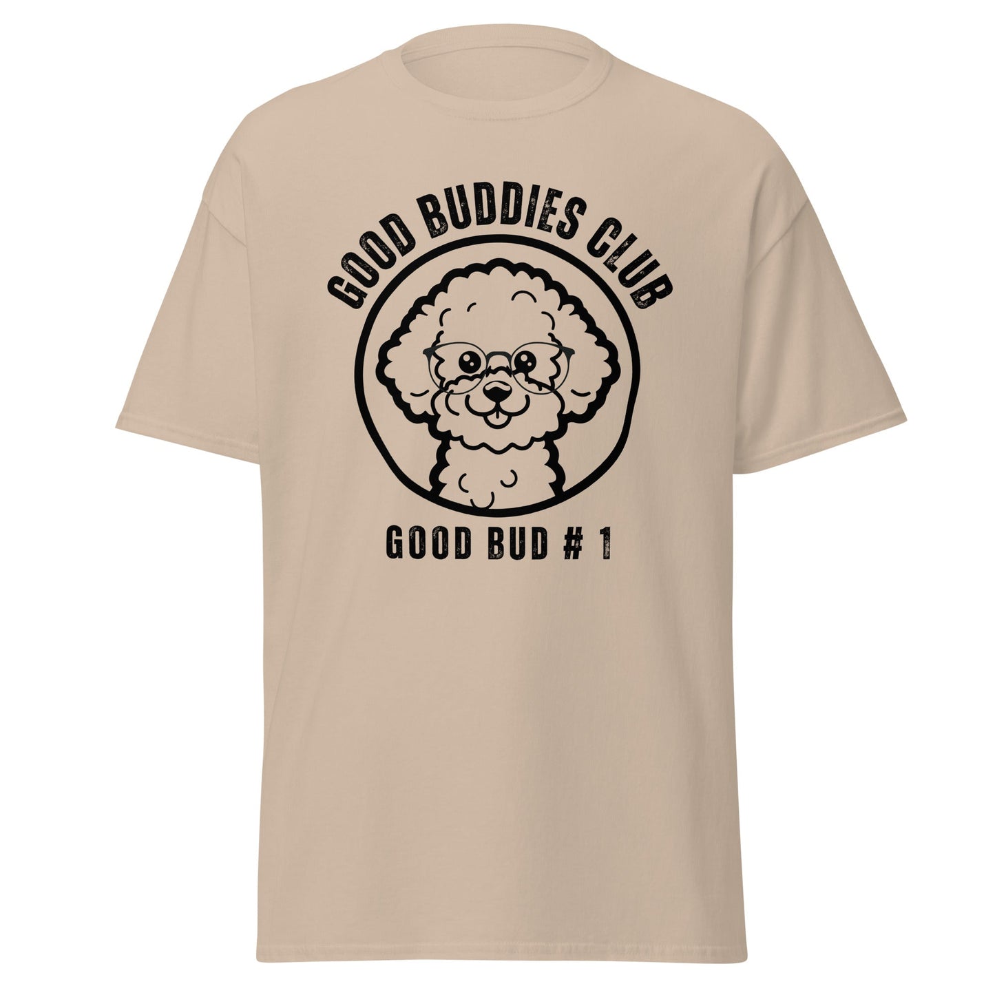 "Good Buddies Club unisex black T-shirt featuring a cheerful, happy Bichon Frise dog illustration wearing glasses, perfect for dog owners and dog lovers. Fun and unique dog-themed shirt design, ideal not only for Bichon Frise fans but all dog enthusiasts."