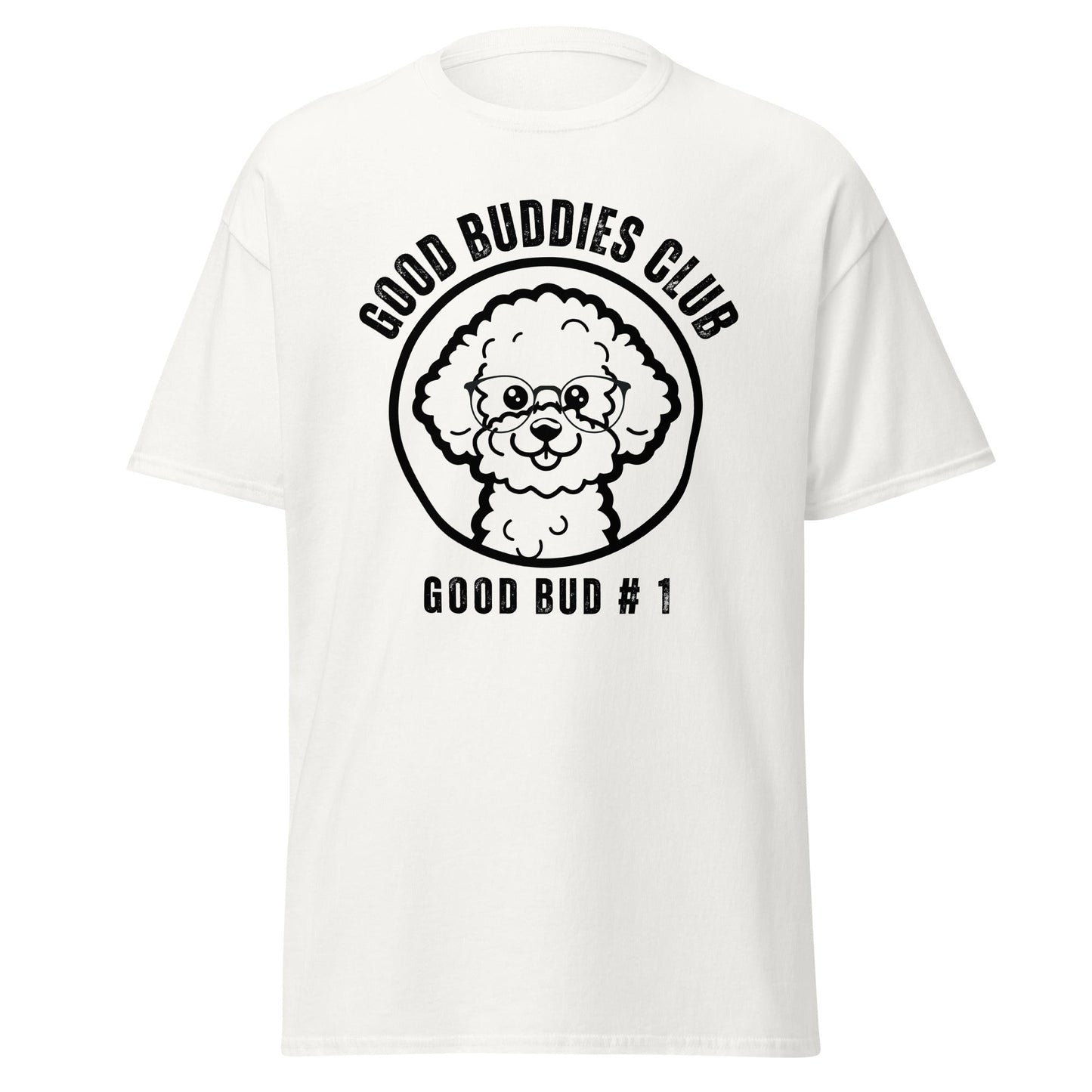 "Good Buddies Club unisex black T-shirt featuring a cheerful, happy Bichon Frise dog illustration wearing glasses, perfect for dog owners and dog lovers. Fun and unique dog-themed shirt design, ideal not only for Bichon Frise fans but all dog enthusiasts."