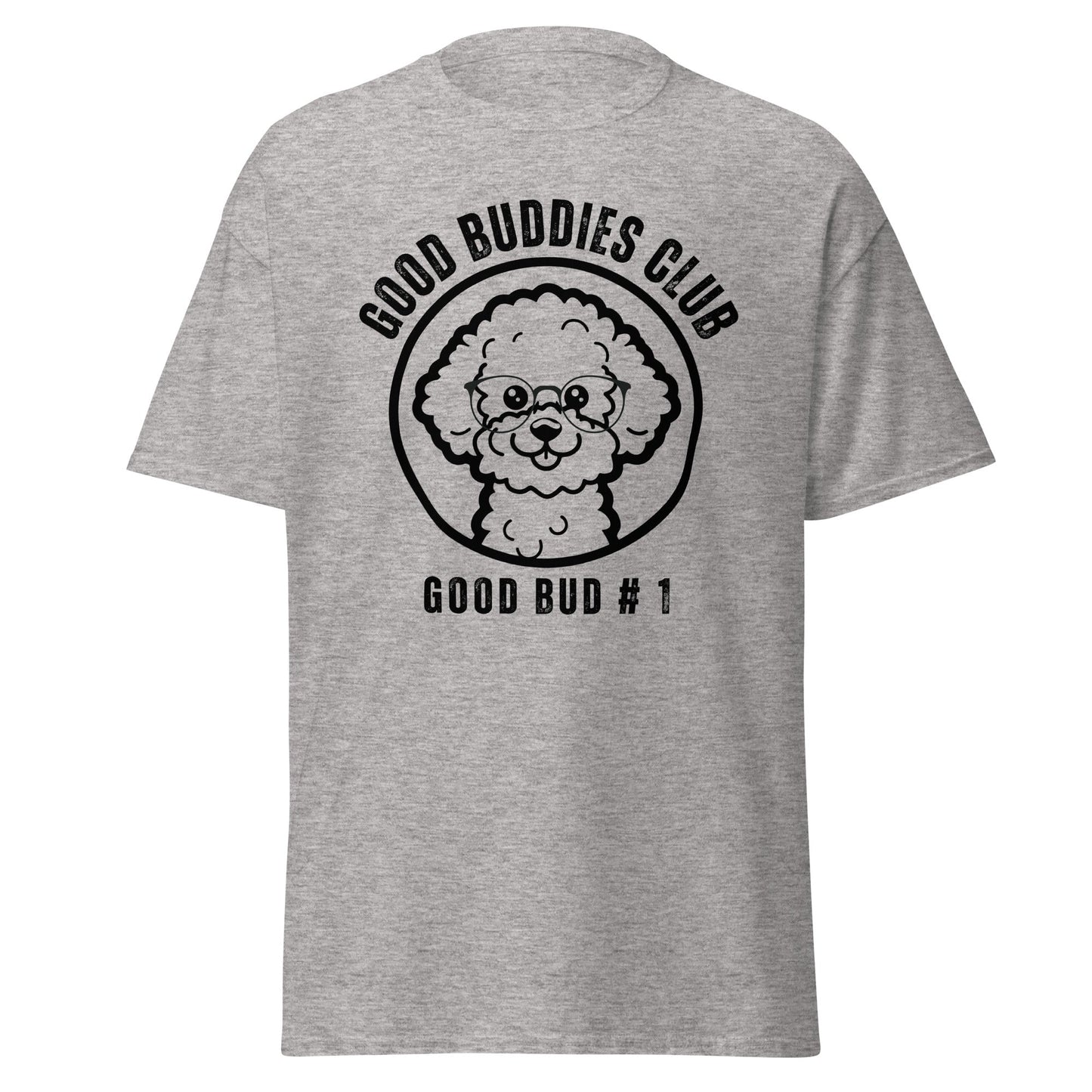 "Good Buddies Club unisex black T-shirt featuring a cheerful, happy Bichon Frise dog illustration wearing glasses, perfect for dog owners and dog lovers. Fun and unique dog-themed shirt design, ideal not only for Bichon Frise fans but all dog enthusiasts."