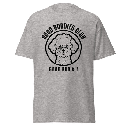 "Good Buddies Club unisex black T-shirt featuring a cheerful, happy Bichon Frise dog illustration wearing glasses, perfect for dog owners and dog lovers. Fun and unique dog-themed shirt design, ideal not only for Bichon Frise fans but all dog enthusiasts."