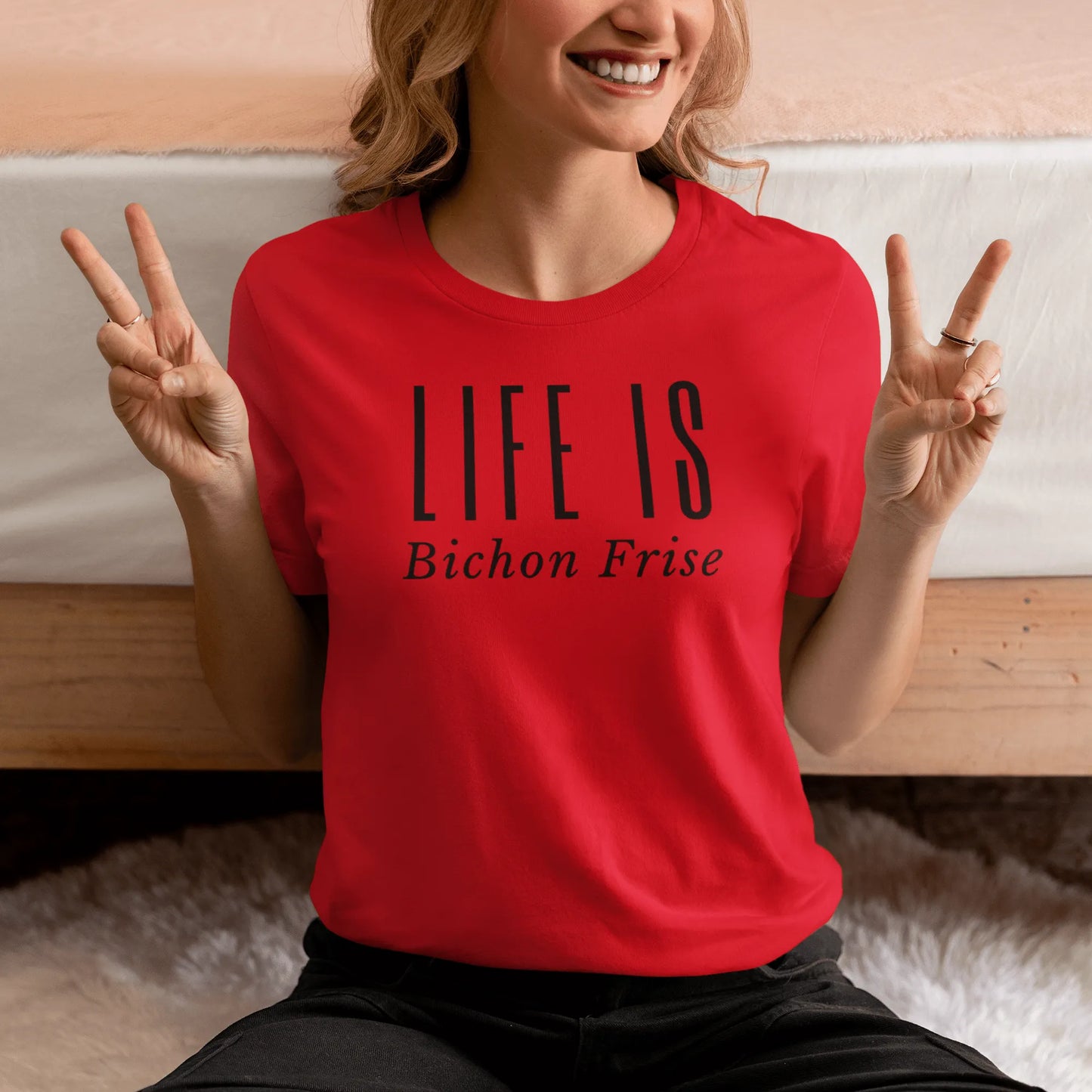 "Funny unisex black text T-shirt reading 'Do You Know What Real Luxury Is? Living With A Bichon!' – perfect for Bichon Frise dog lovers, pet owners, and anyone who enjoys quirky, stylish dog-themed fashion."