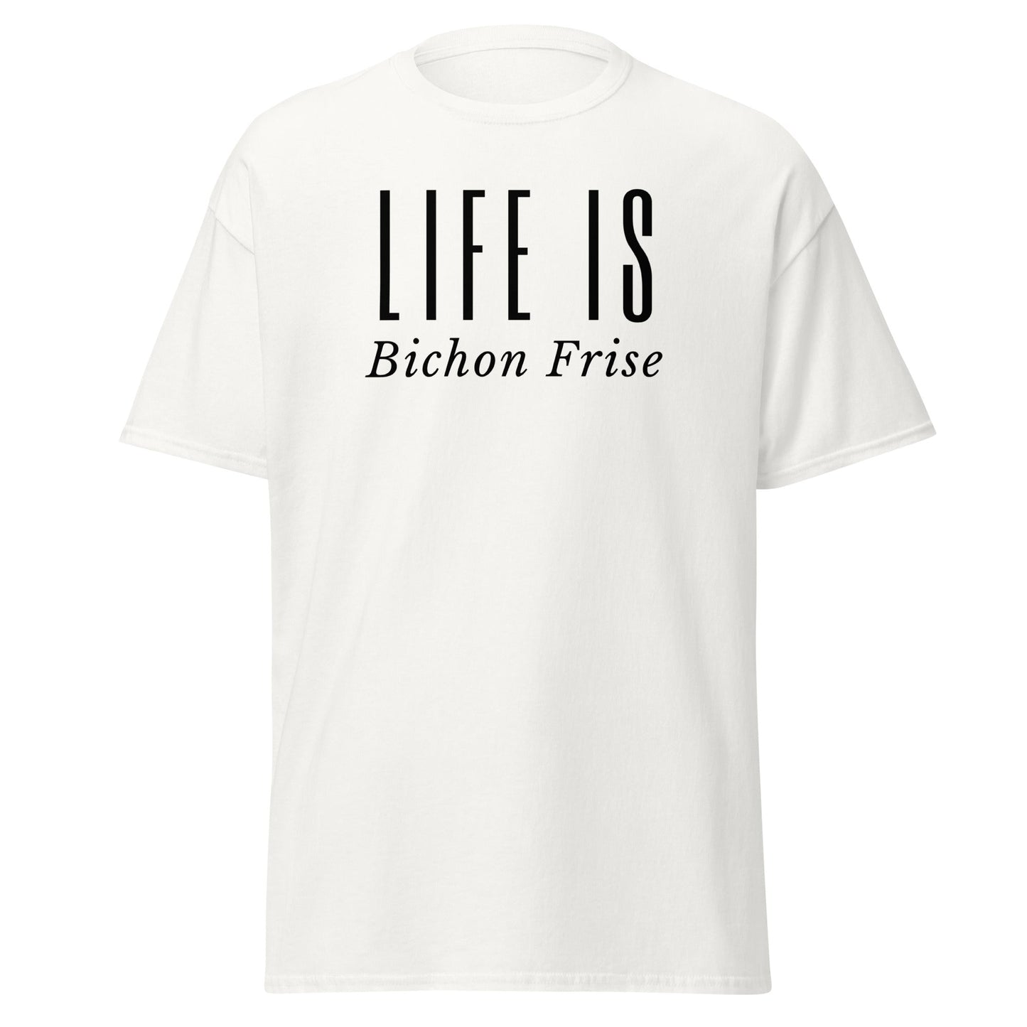 "Funny unisex black text T-shirt reading 'Do You Know What Real Luxury Is? Living With A Bichon!' – perfect for Bichon Frise dog lovers, pet owners, and anyone who enjoys quirky, stylish dog-themed fashion."