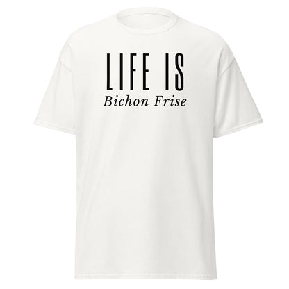 "Funny unisex black text T-shirt reading 'Do You Know What Real Luxury Is? Living With A Bichon!' – perfect for Bichon Frise dog lovers, pet owners, and anyone who enjoys quirky, stylish dog-themed fashion."