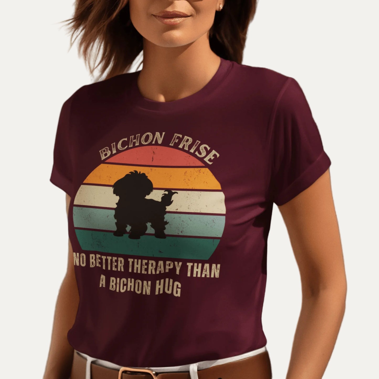 Unisex Bichon Frise T-Shirt for Dog Owners:"No better therapy than a Bichon hug"