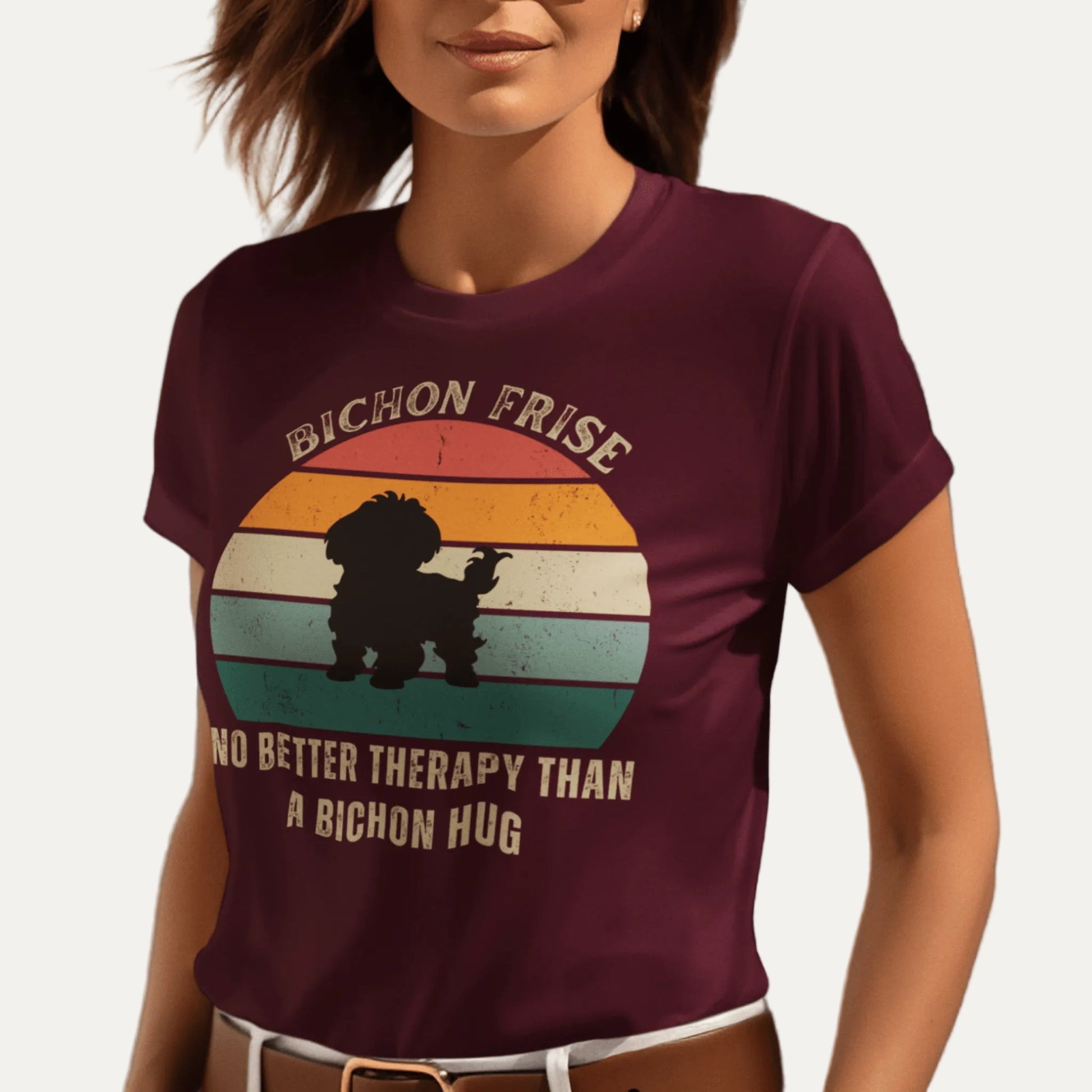 Unisex Bichon Frise T-Shirt for Dog Owners:"No better therapy than a Bichon hug"