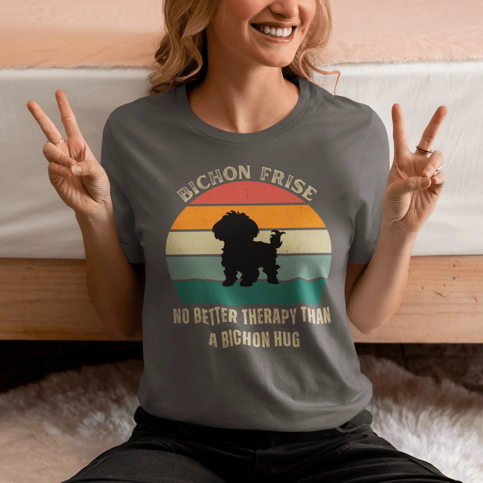 Unisex Bichon Frise T-Shirt for Dog Owners:"No better therapy than a Bichon hug"