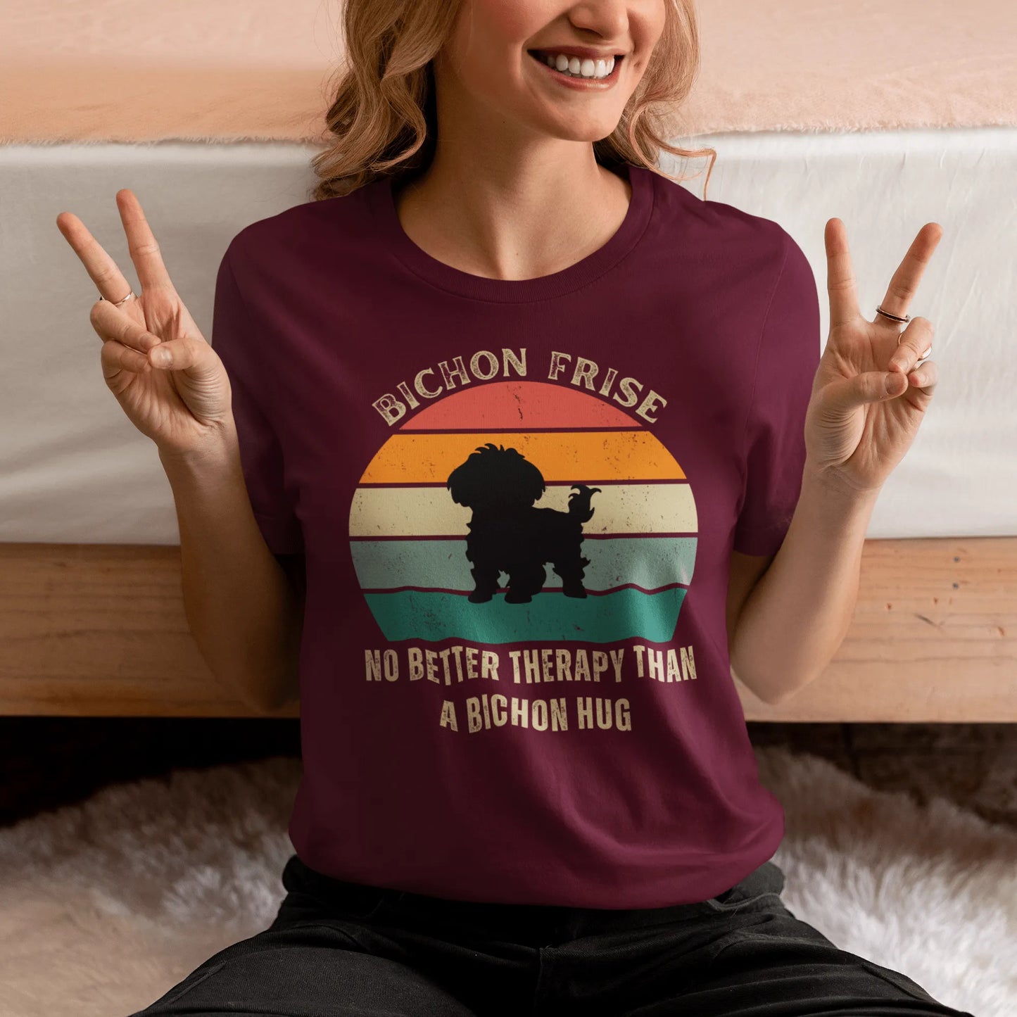 Unisex Bichon Frise T-Shirt for Dog Owners:"No better therapy than a Bichon hug"