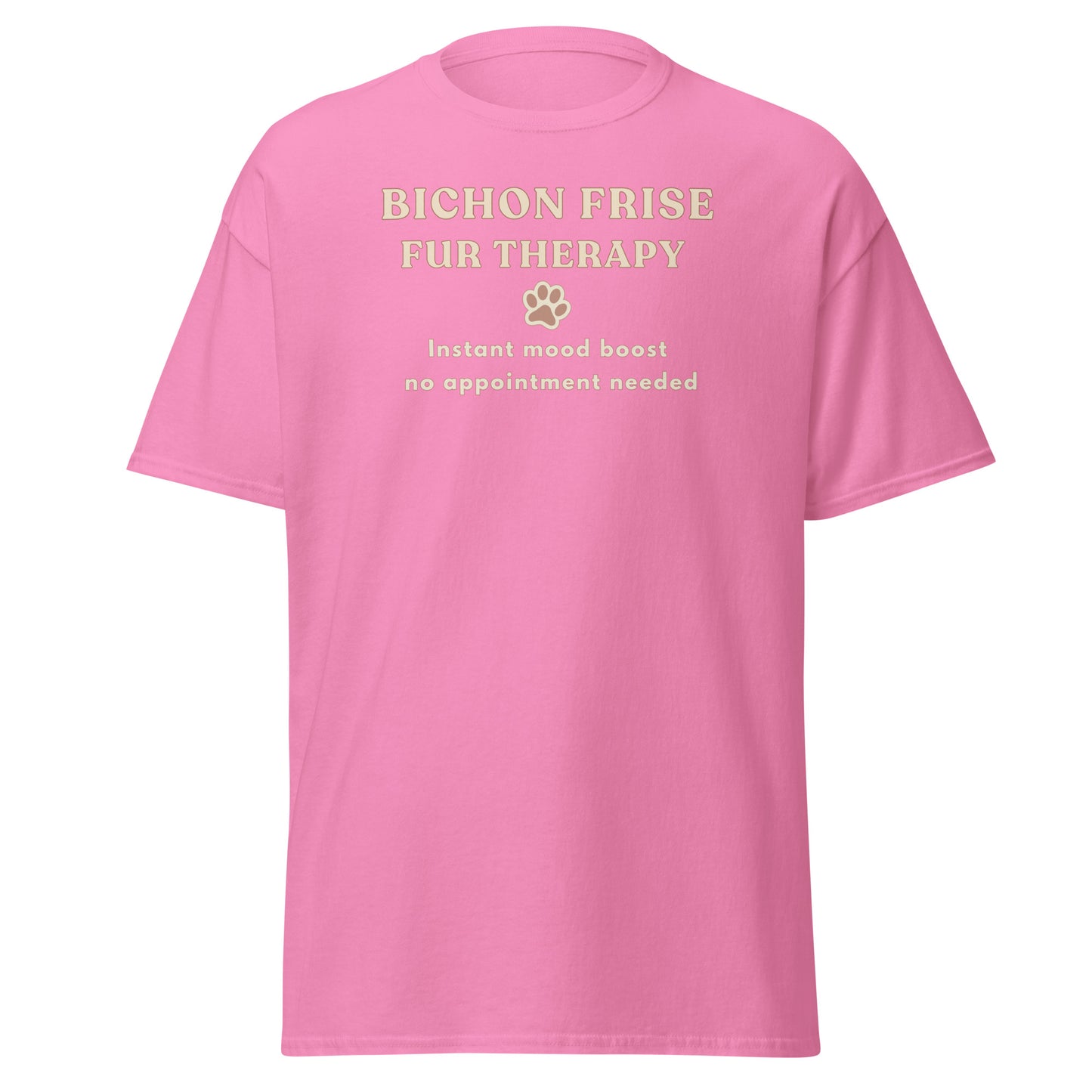 Azalea Bichon Frise Fur Therapy t-shirt with ‘Instant Mood Boost, No Appointment Needed’ slogan, soft cotton dog lover apparel mockup