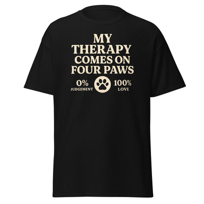 Cream retro-style text that reads “My Therapy Comes on Four Paws – 0% Judgement, 100% Love” on a unisex t-shirt for Bichon Frise lovers.

