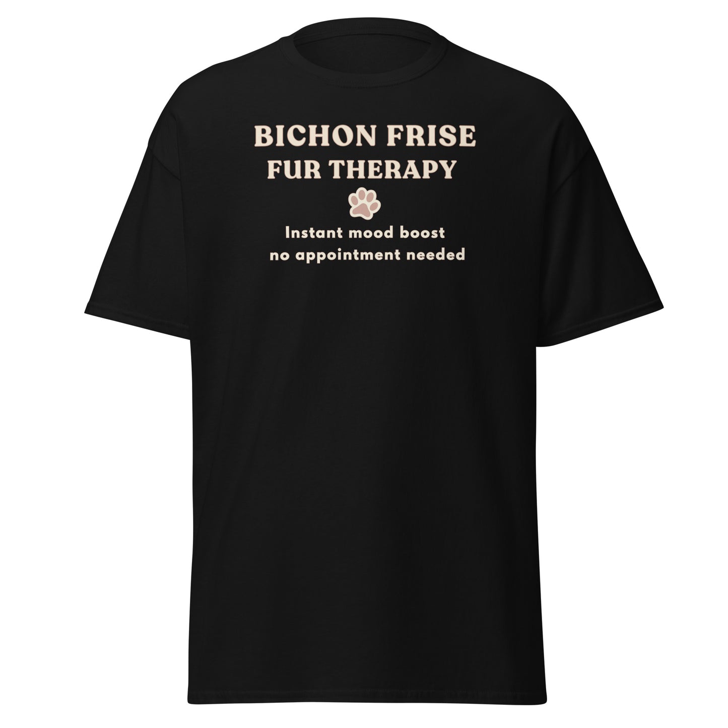 Black Bichon Frise Fur Therapy t-shirt with ‘Instant Mood Boost, No Appointment Needed’ slogan, soft cotton dog lover apparel mockup