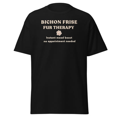 Black Bichon Frise Fur Therapy t-shirt with ‘Instant Mood Boost, No Appointment Needed’ slogan, soft cotton dog lover apparel mockup