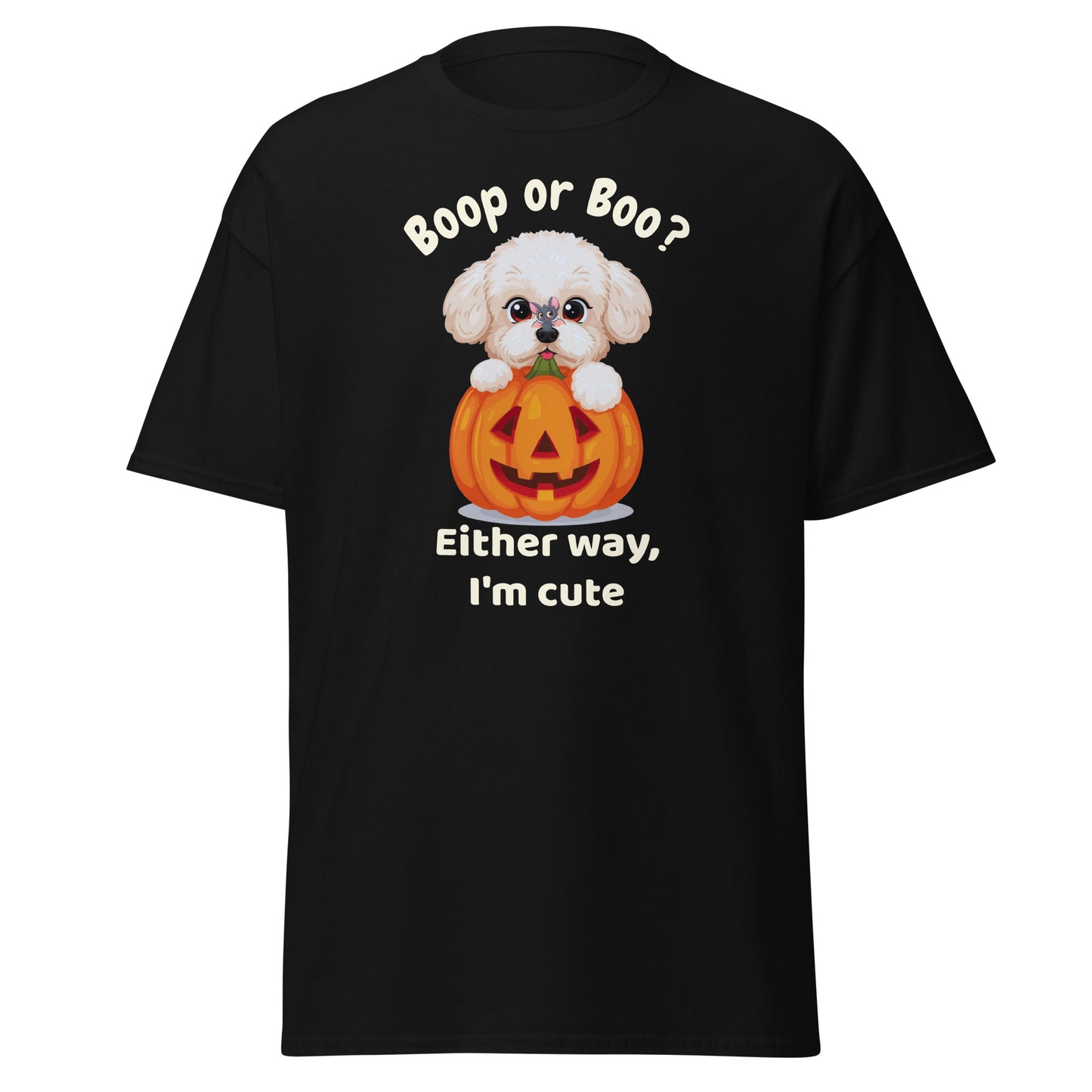 Halloween t-shirt with a cute Bichon Frise puppy inside a carved pumpkin and the text “Boop or Boo? Either way, I'm cute” printed on a black unisex classic tee – perfect gift for dog lovers.
