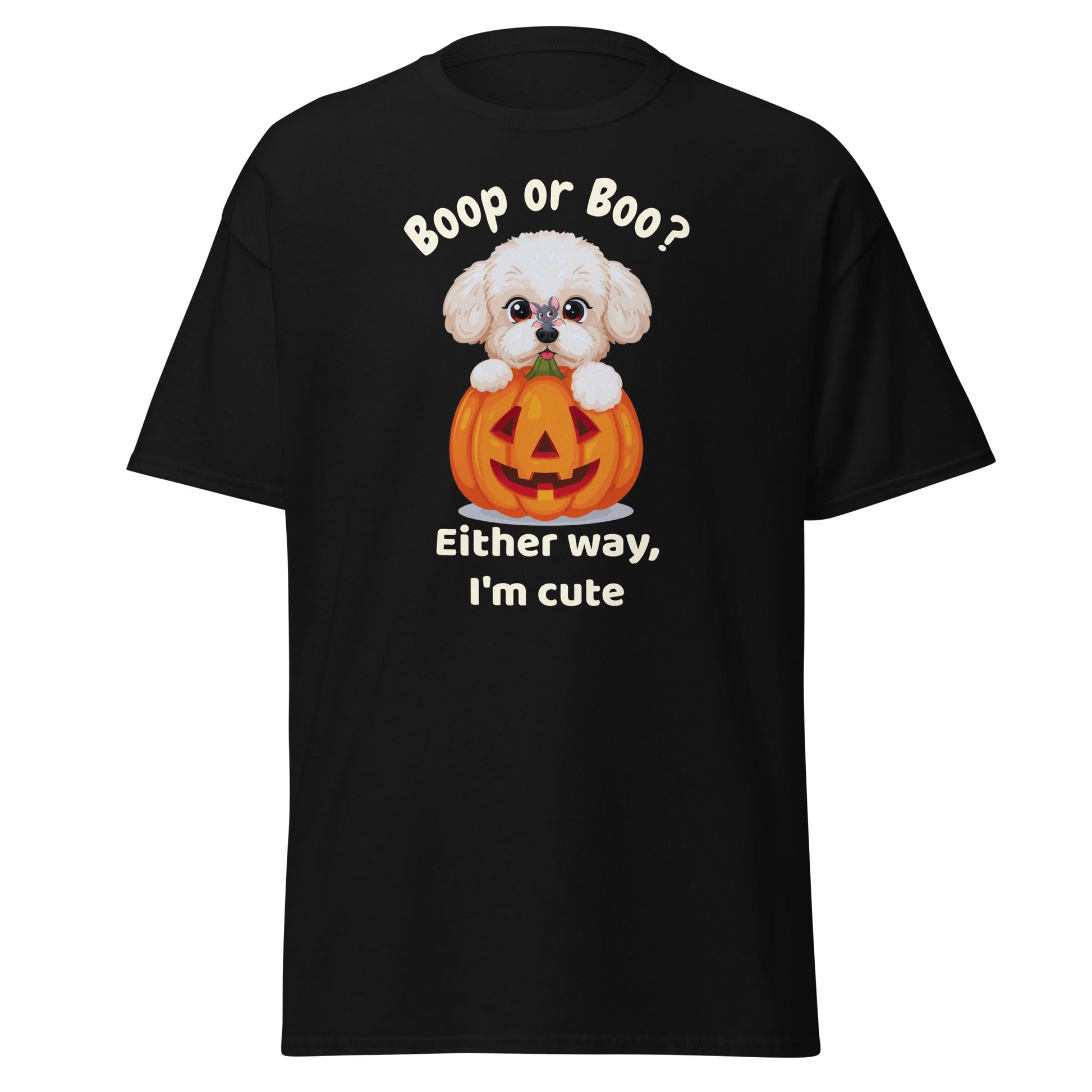 Halloween t-shirt with a cute Bichon Frise puppy inside a carved pumpkin and the text “Boop or Boo? Either way, I'm cute” printed on a black unisex classic tee – perfect gift for dog lovers.