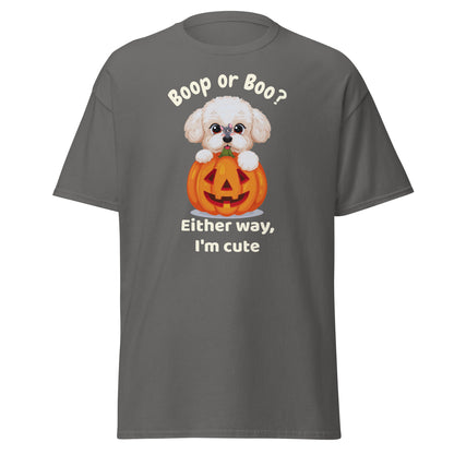 Halloween t-shirt with a cute Bichon Frise puppy inside a carved pumpkin and the text “Boop or Boo? Either way, I'm cute” printed on a grey unisex classic tee – perfect gift for dog lovers.