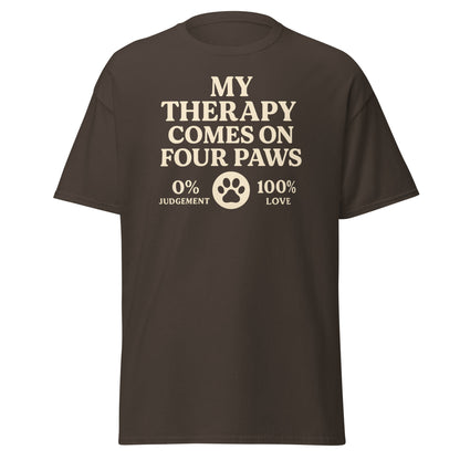 Cream retro-style text that reads “My Therapy Comes on Four Paws – 0% Judgement, 100% Love” on a unisex t-shirt for Bichon Frise lovers.

