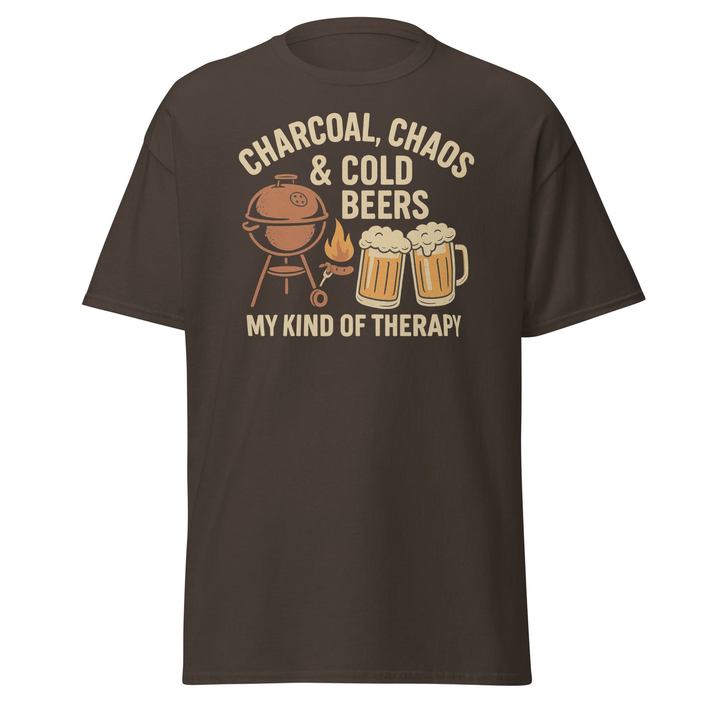 Retro-style graphic design featuring a BBQ grill, two cold beers, flames and the text "Charcoal, Chaos & Cold Beers – My Kind of Therapy" on a vintage Father's Day t-shirt.