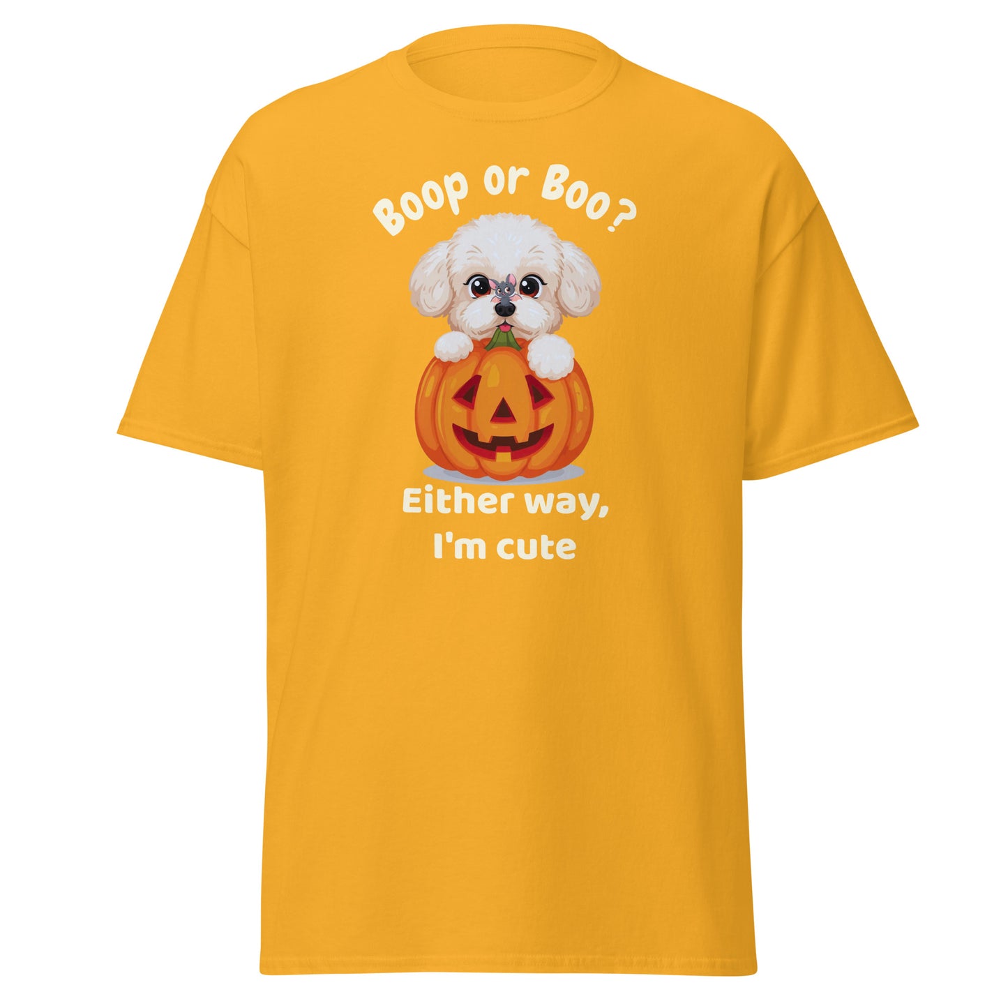 Halloween t-shirt with a cute Bichon Frise puppy inside a carved pumpkin and the text “Boop or Boo? Either way, I'm cute” printed on a gold unisex classic tee – perfect gift for dog lovers.