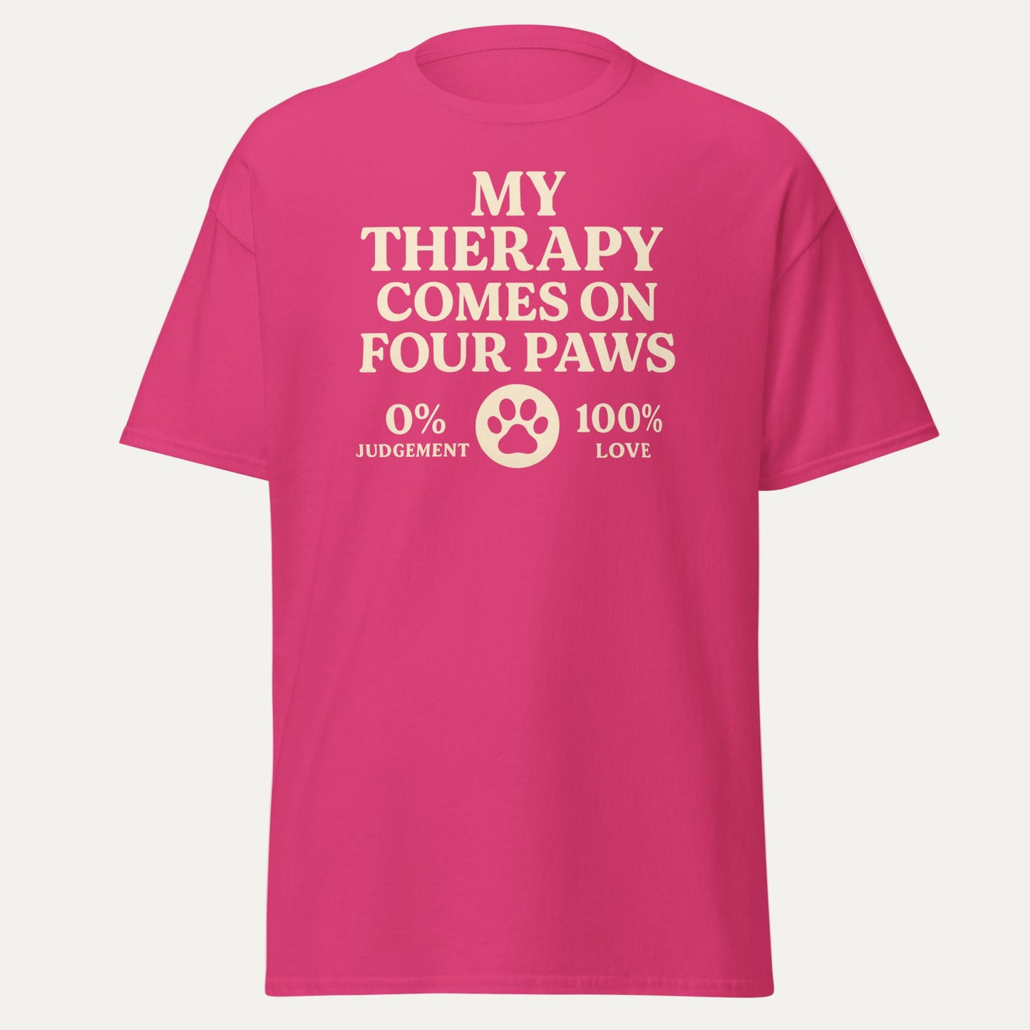 Cream retro-style text that reads “My Therapy Comes on Four Paws – 0% Judgement, 100% Love” on a unisex t-shirt for Bichon Frise lovers.

