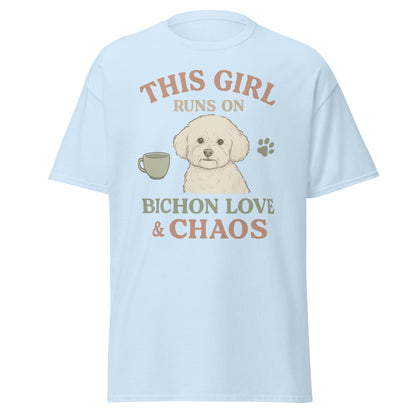 This Girl Runs on Bichon Love & Chaos – Funny Dog Mom T-Shirt for Women