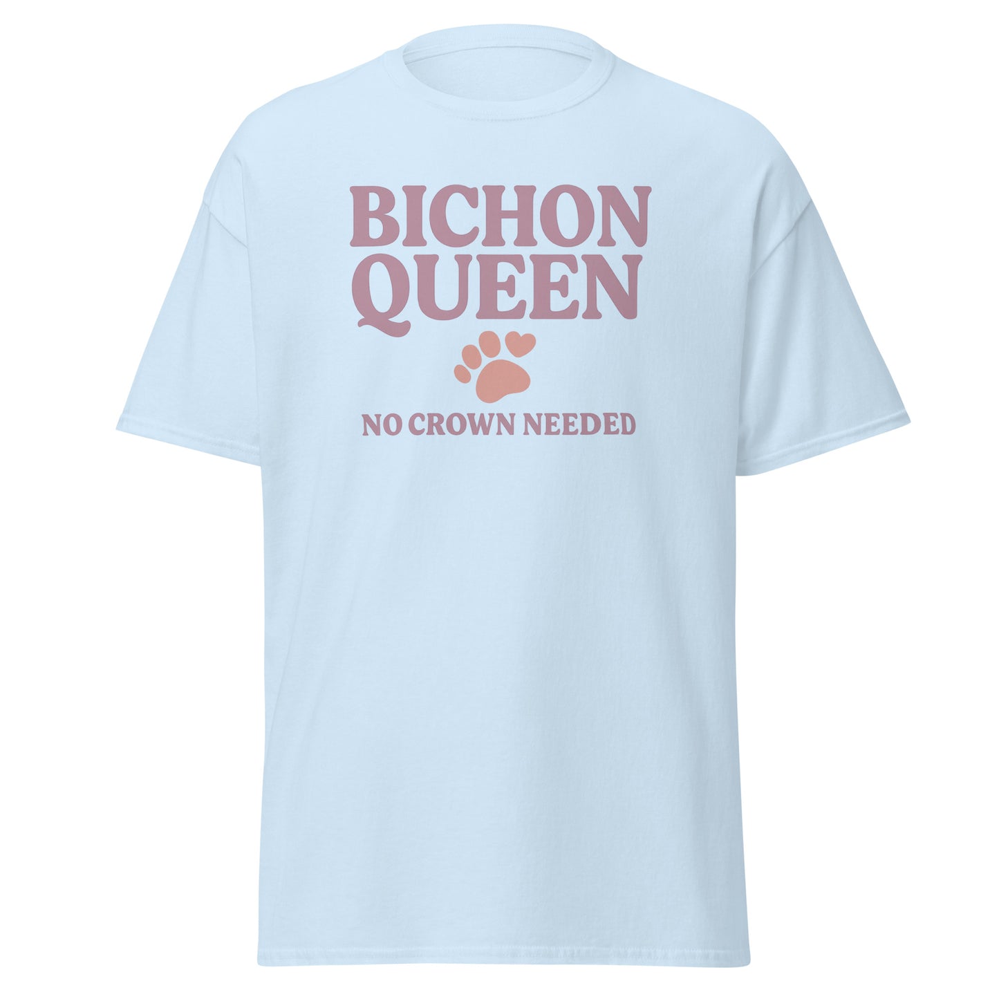 Retro-style design that reads "Bichon Queen – No Crown Needed" in dusty rose text with a cute paw print and heart. Perfect for dog lovers and Bichon Frise fans.