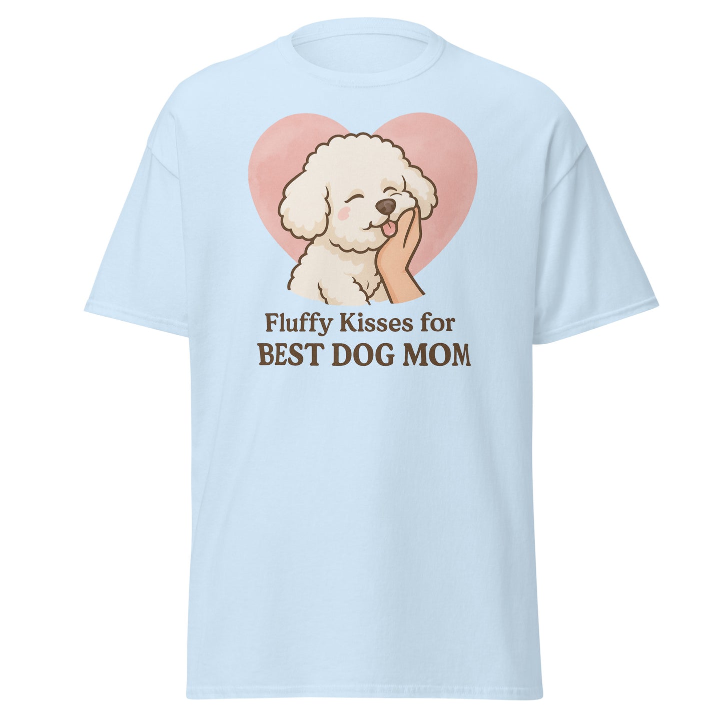 Bichon Frise dog giving kisses with “Fluffy Kisses for the Best Dog Mom” quote on a cute light blue t-shirt – perfect gift for dog moms and pet lovers
