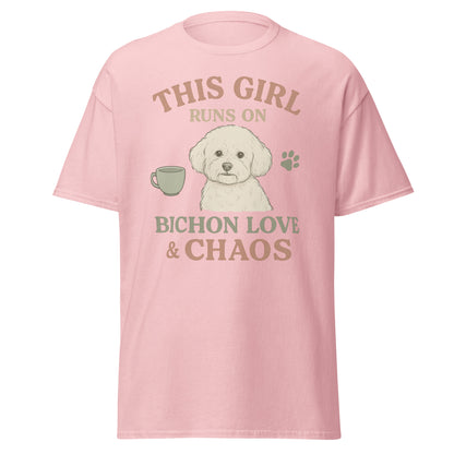 This Girl Runs on Bichon Love & Chaos – Funny Dog Mom T-Shirt for Women