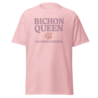 Retro-style design that reads "Bichon Queen – No Crown Needed" in dusty rose text with a cute paw print and heart. Perfect for dog lovers and Bichon Frise fans.