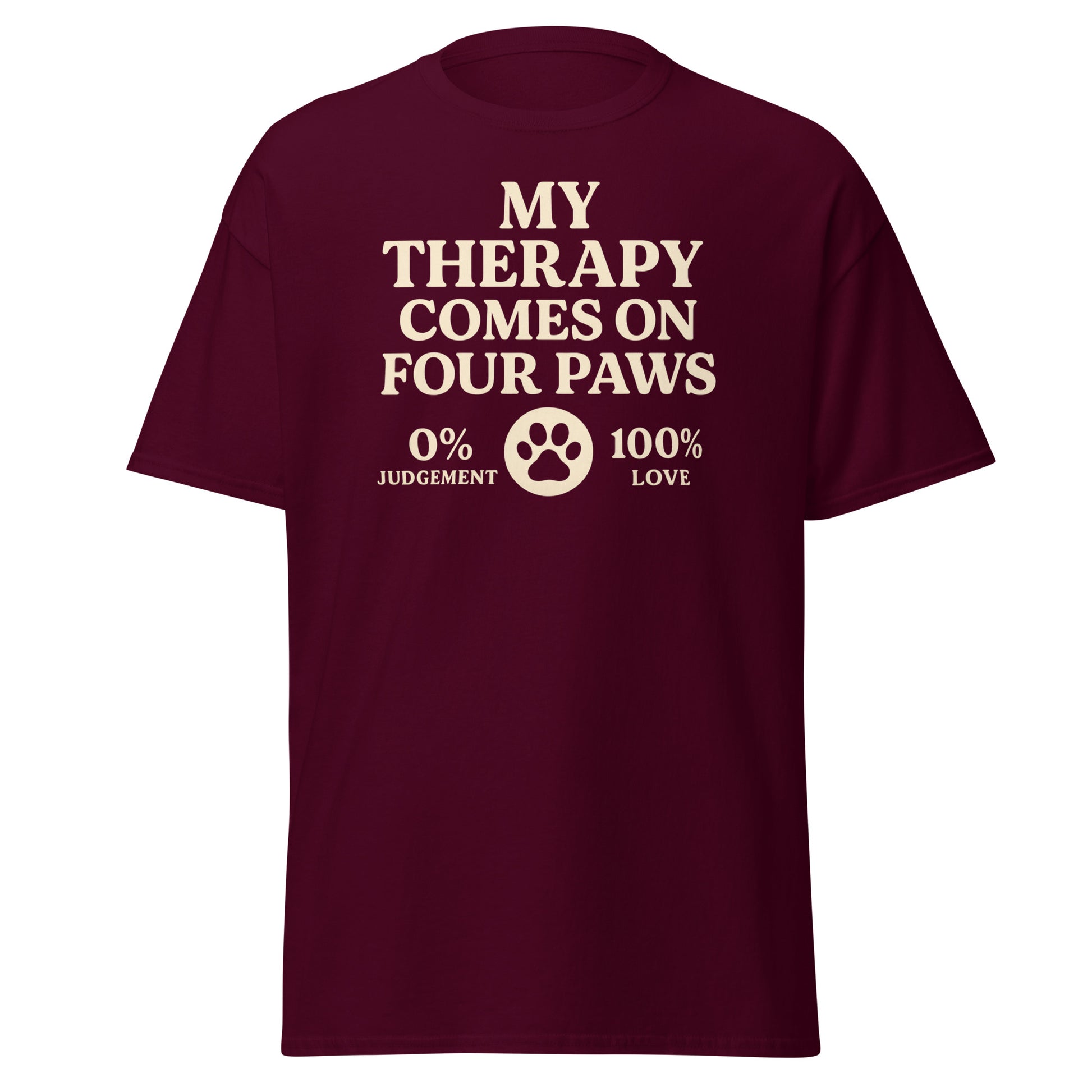 Cream retro-style text that reads “My Therapy Comes on Four Paws – 0% Judgement, 100% Love” on a unisex t-shirt for Bichon Frise lovers.

