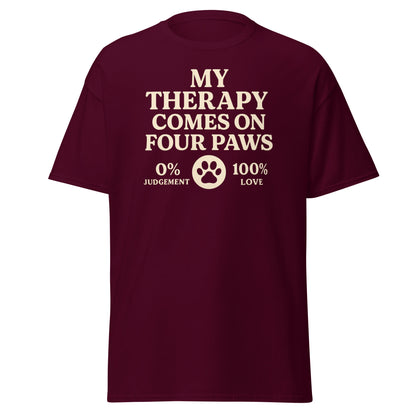 Cream retro-style text that reads “My Therapy Comes on Four Paws – 0% Judgement, 100% Love” on a unisex t-shirt for Bichon Frise lovers.

