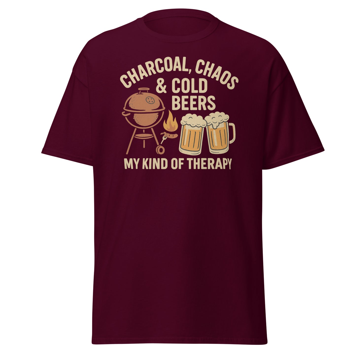Retro-style graphic design featuring a BBQ grill, two cold beers, flames and the text "Charcoal, Chaos & Cold Beers – My Kind of Therapy" on a vintage Father's Day t-shirt.