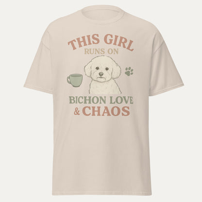 This Girl Runs on Bichon Love & Chaos – Funny Dog Mom T-Shirt for Women