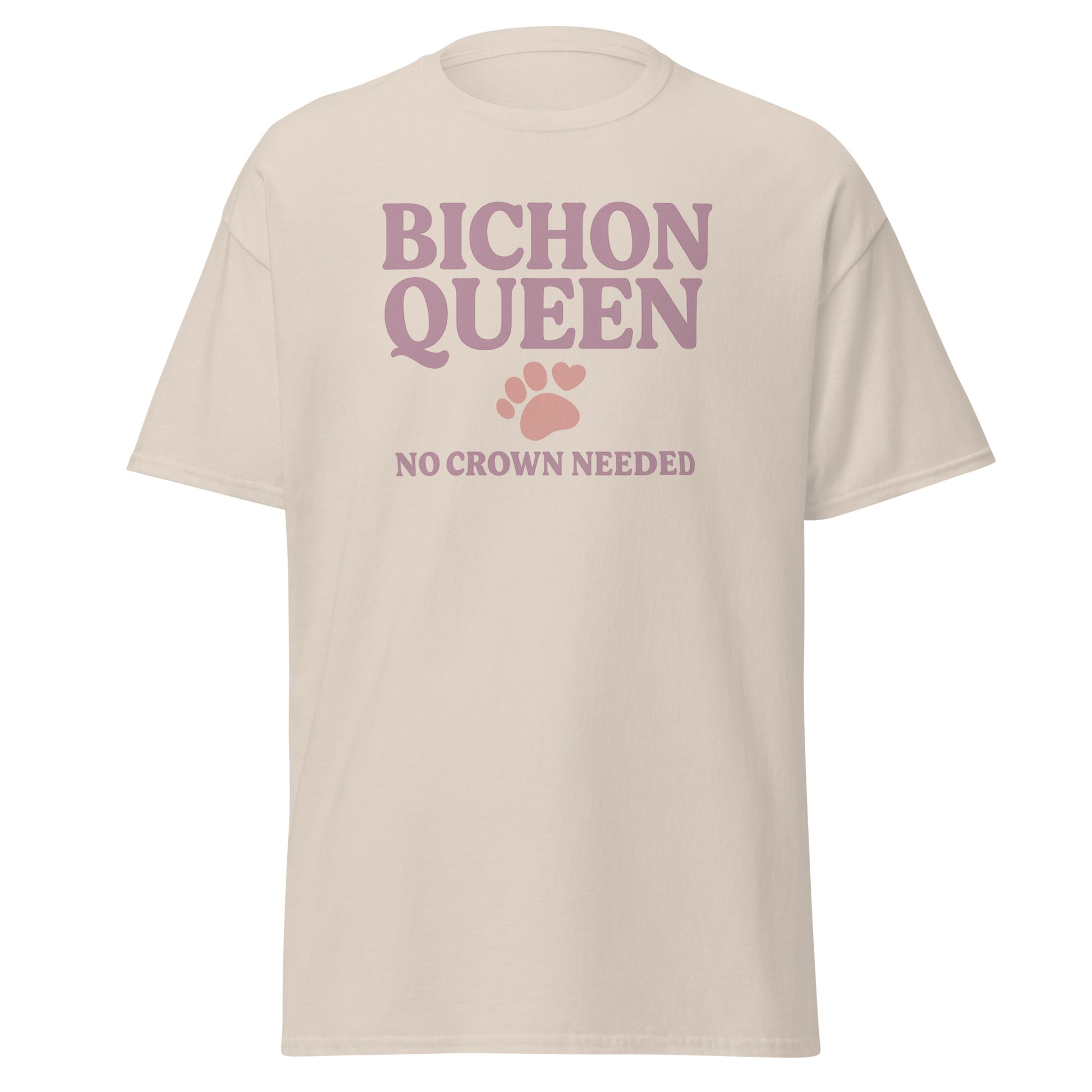 Retro-style design that reads "Bichon Queen – No Crown Needed" in dusty rose text with a cute paw print and heart. Perfect for dog lovers and Bichon Frise fans.