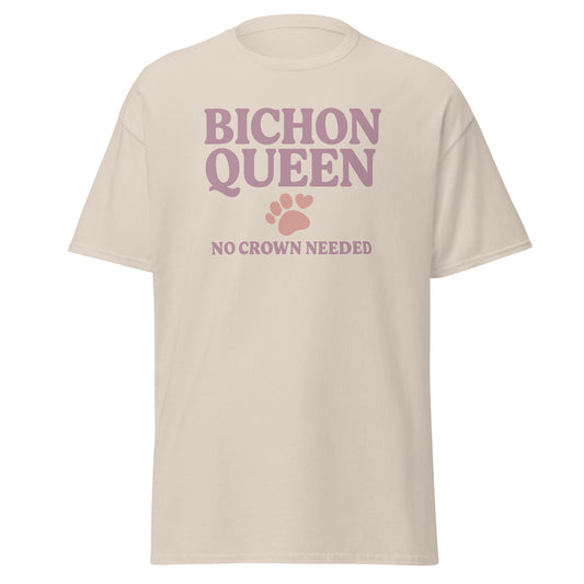 Retro-style design that reads "Bichon Queen – No Crown Needed" in dusty rose text with a cute paw print and heart. Perfect for dog lovers and Bichon Frise fans.