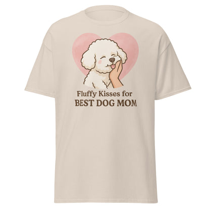 Bichon Frise dog giving kisses with “Fluffy Kisses for the Best Dog Mom” quote on a cute pastel t-shirt – perfect gift for dog moms and pet lovers