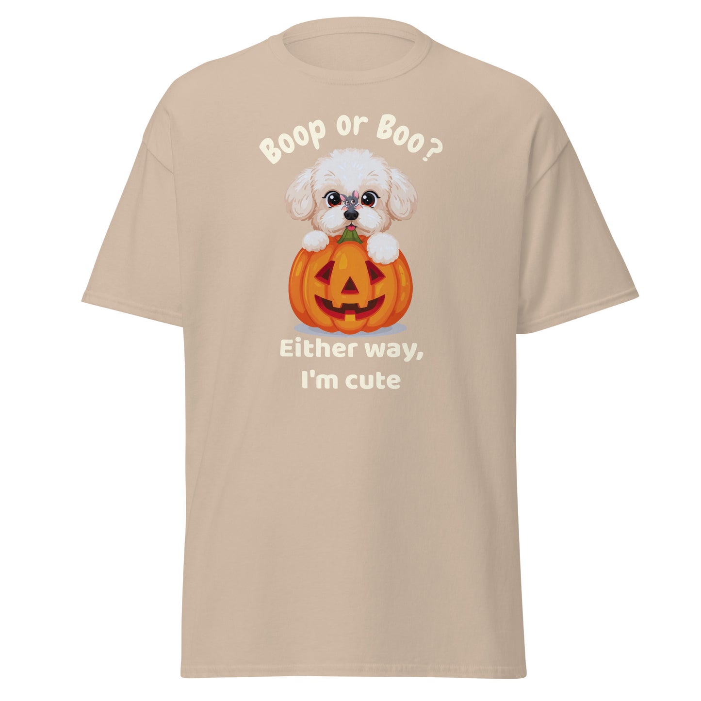 Halloween t-shirt with a cute Bichon Frise puppy inside a carved pumpkin and the text “Boop or Boo? Either way, I'm cute” printed on a beiger unisex classic tee – perfect gift for dog lovers.